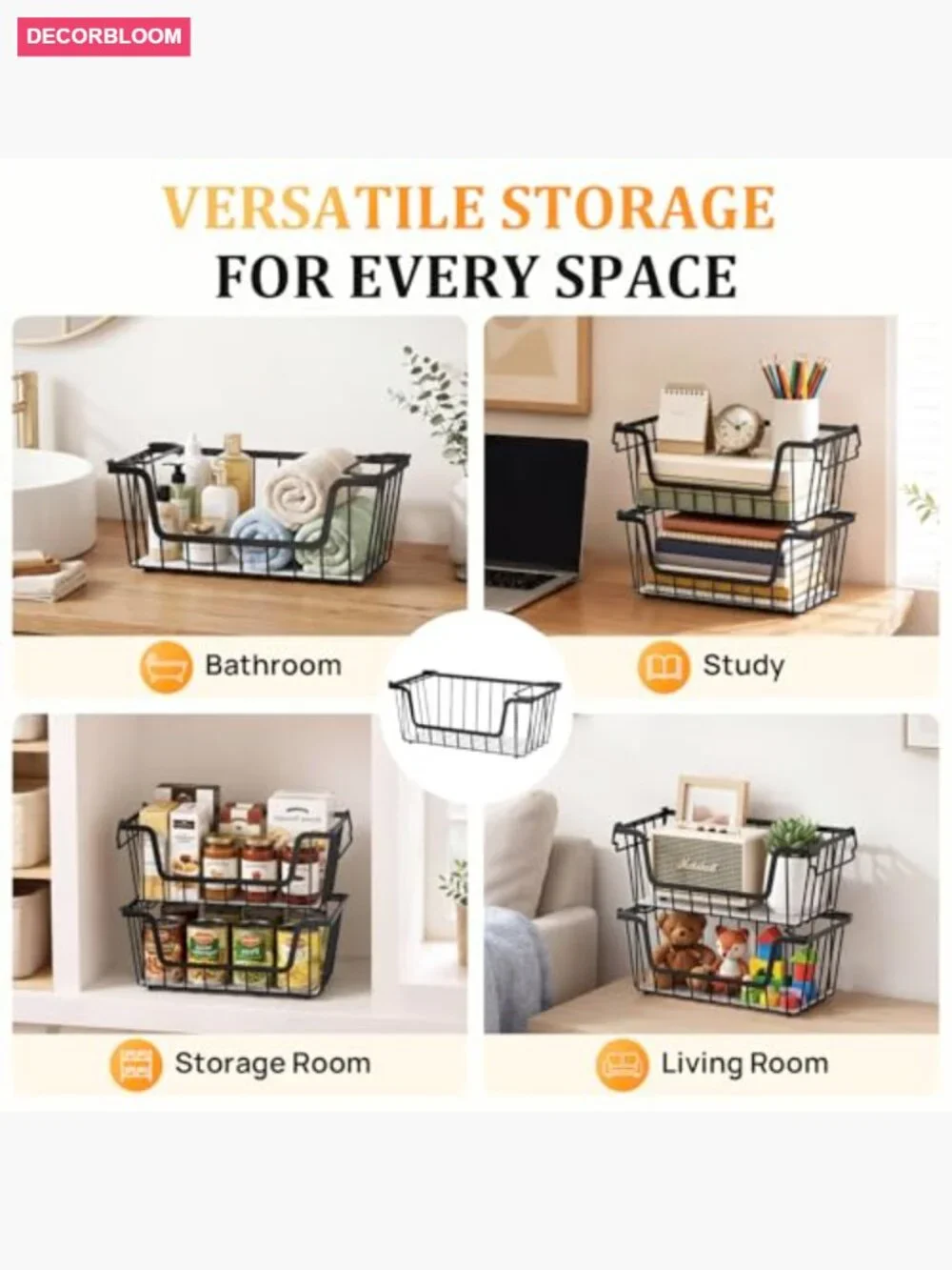 4 Stackable Wire Storage Baskets for Pantry & Kitchen Organization